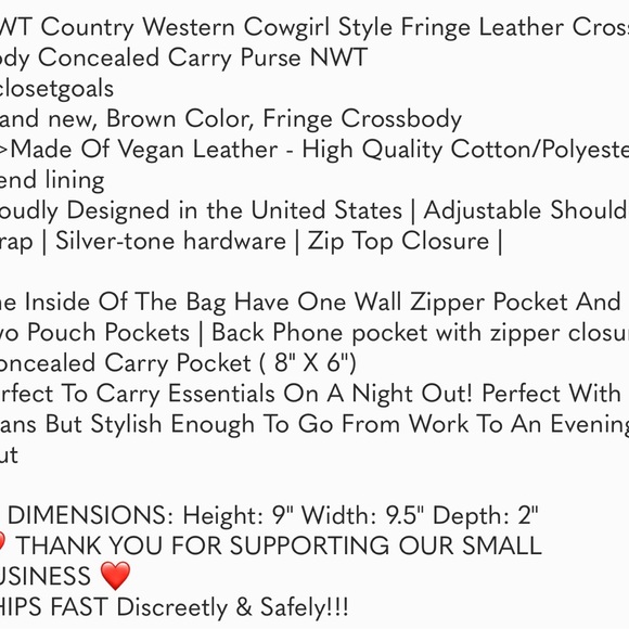 🆕COUNTRY Western Cowgirl Style Fringe Leather Cross Body Concealed Carry Purse - Picture 6 of 6